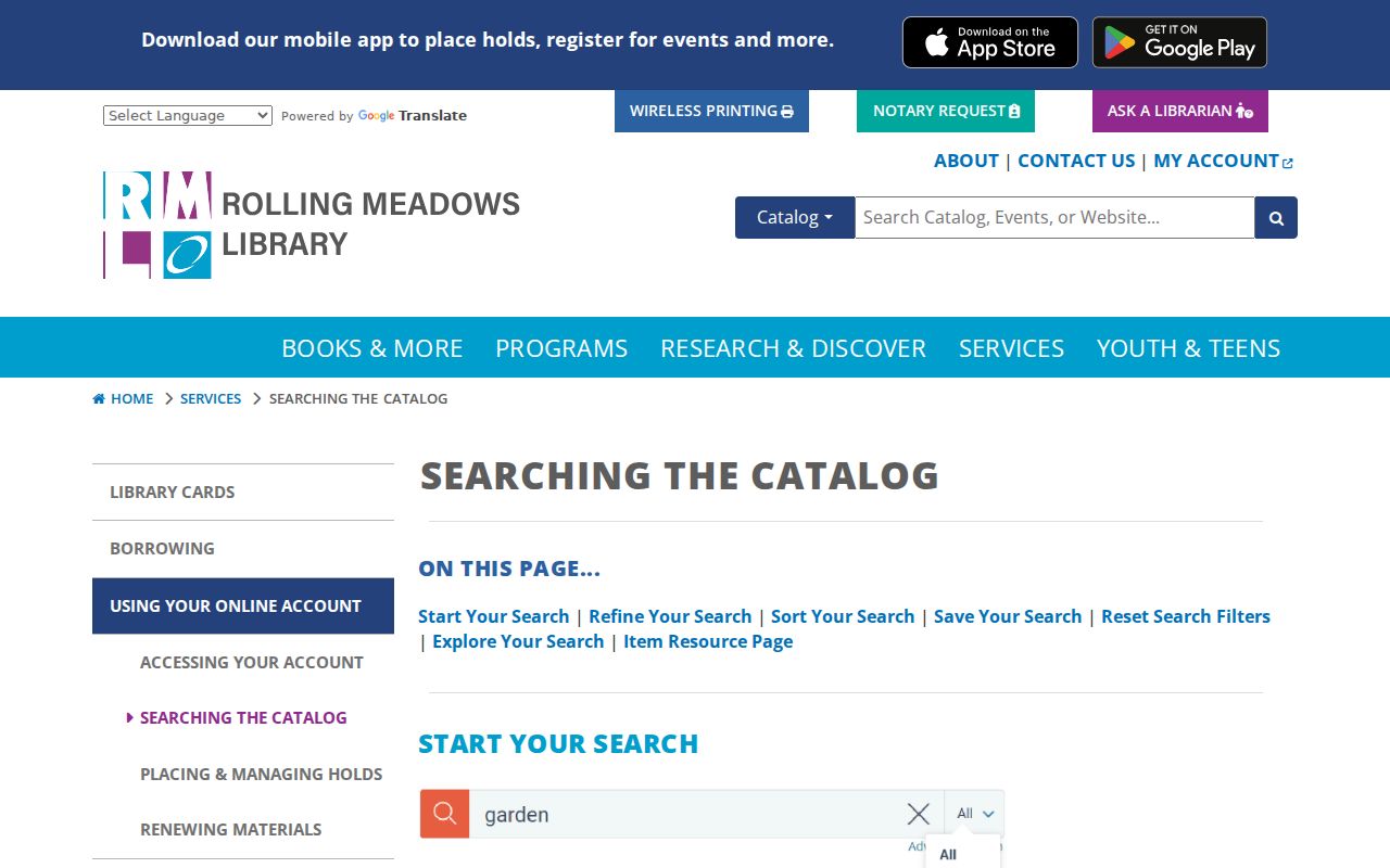 Rolling Meadows Library catalog search guide