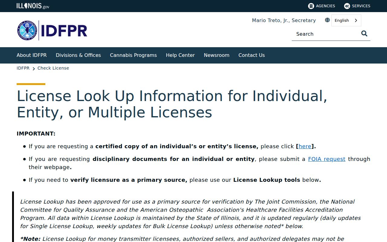 Illinois professional license lookup used for a Rolling Meadows resident record check